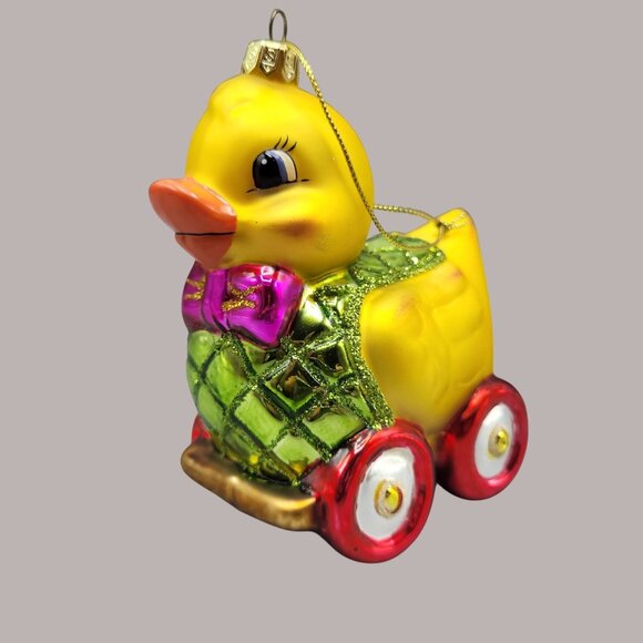 Holiday Duck Pull Toy Glass Ornament Christmas Tree Home Decor - Picture 4 of 15